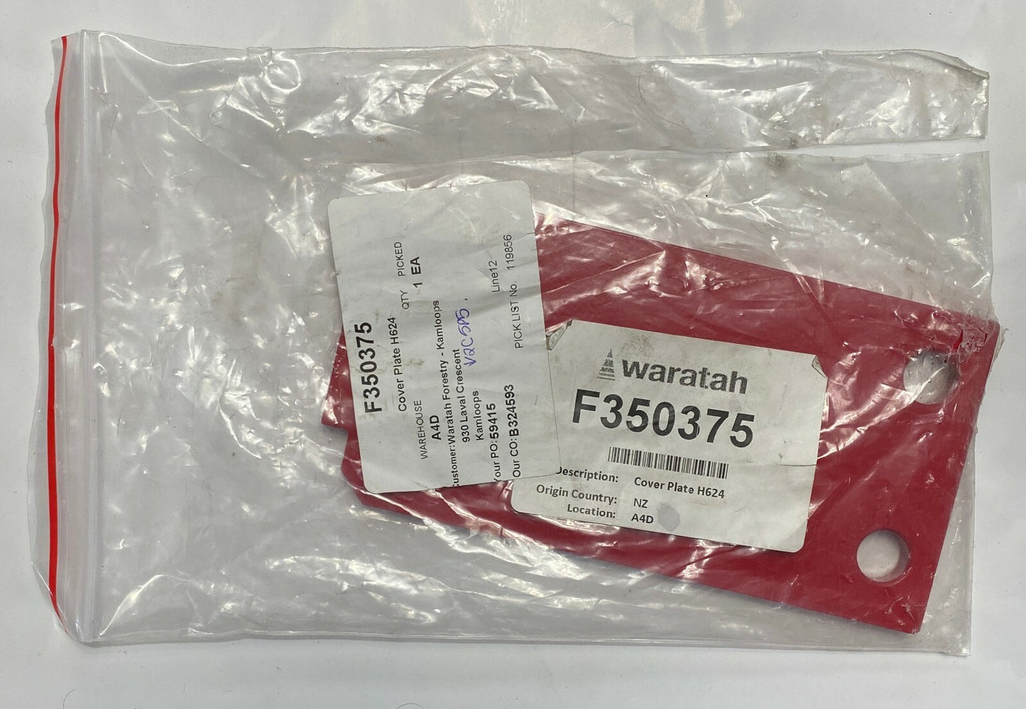 NEW WARATAH FORESTRY EQUIPMENT H624 COVER PLATE F350375 RED STEEL 2 HOLE
